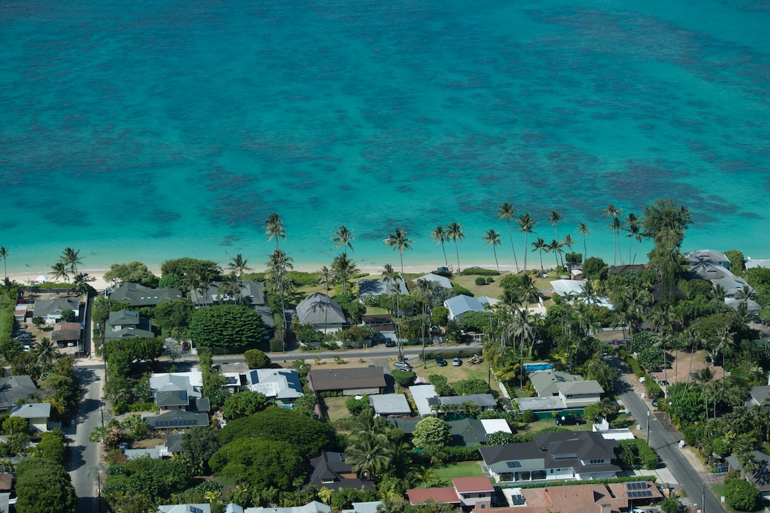 Vista aérea de un barrio costero que muestra la vida de lujo, con elegantes casas, frondosos árboles verdes, palmeras que se mecen y agua oceánica turquesa a lo largo de una playa de arena.