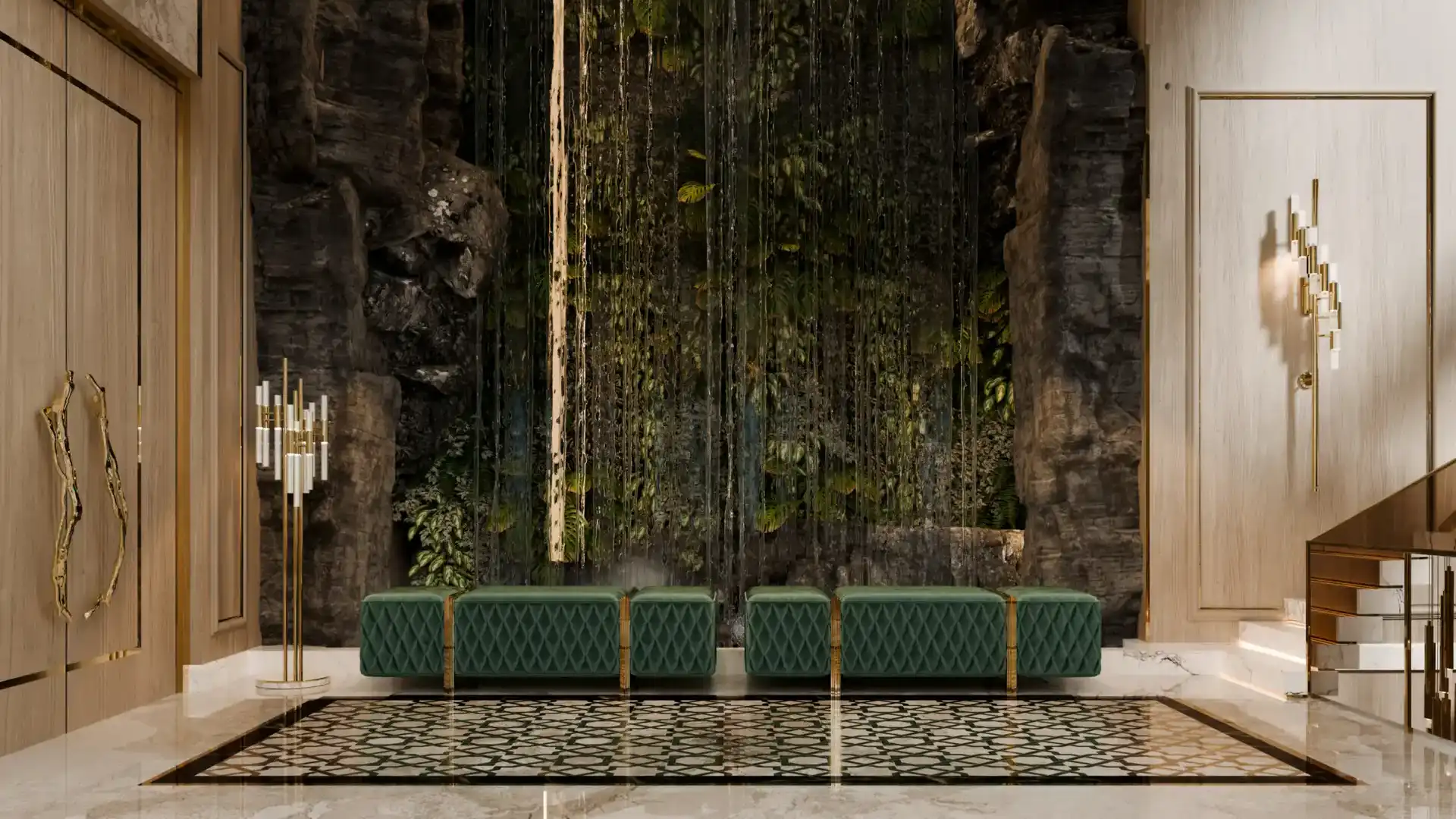 Un moderno vestíbulo muestra interiores exclusivos con un sofá verde, una alfombra estampada y una pared de jardín vertical adornada con rocas y exuberante vegetación como impresionante telón de fondo.
