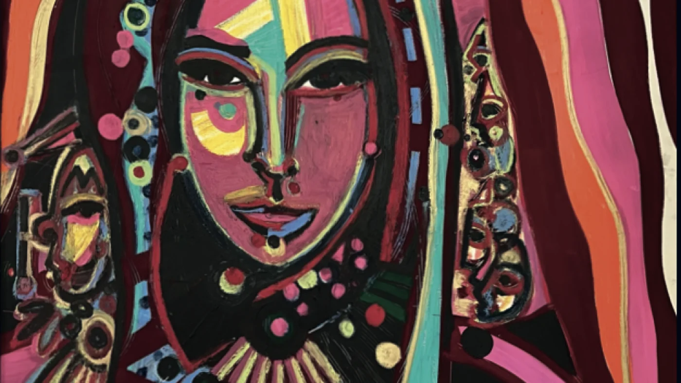 Detalle de un retrato femenino de Markus Tollmann saturado de color en rojo, rosa y amarillo
